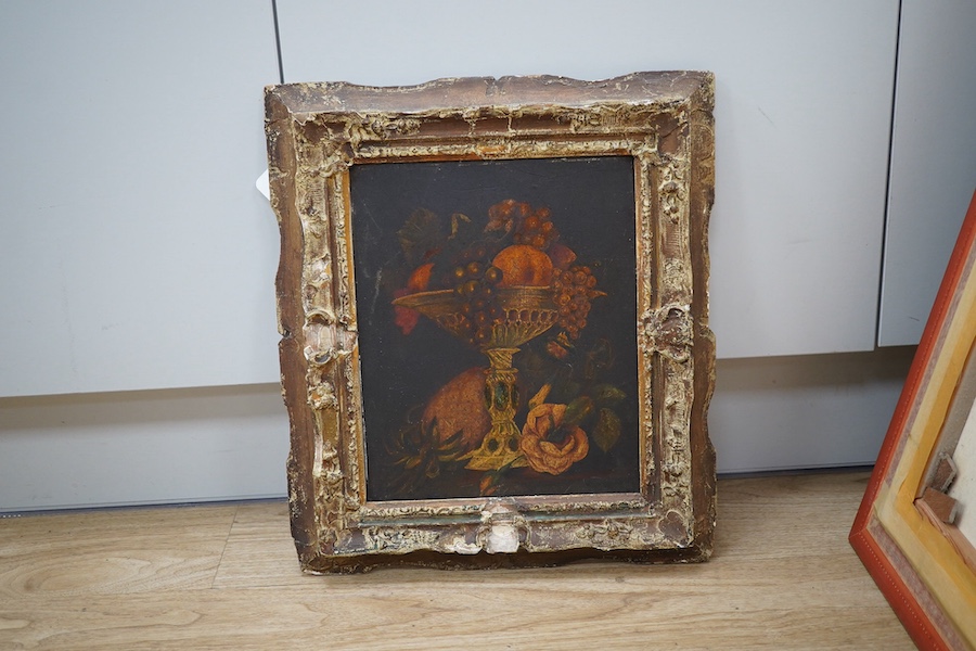 Early 20th century School, oil on board, Still life of a tazza and fruit, unsigned, 28 x 23cm, ornately framed. Condition - poor